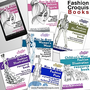 Visual and practical books for busy fashion industry professionals and fashion students. Figure drawing templates for fashion illustration, fashion drawing tutorials, and illustrated fashion clothing terminology in every book. Books for fashion drawing, fashion illustration, technical drawing, and fashion figure drawing. 